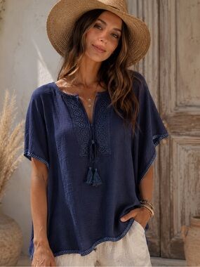 Johnny Was Calme Navy Embroidered Tassel Tunic